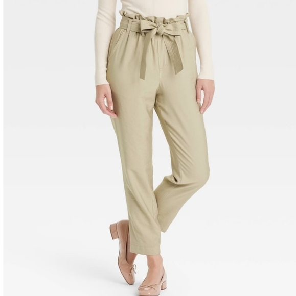 Women's Super-High Rise Tapered Ankle Pull-On Paperbag Pants - A New Day Beige L - Picture 1 of 13